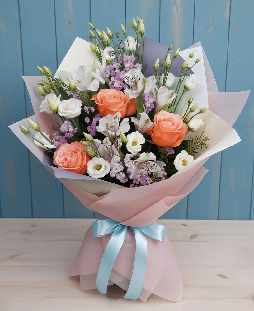 Букет цветов из: Лизиантусы, Розы, Альстромерии и Гипсофила в Жуковский