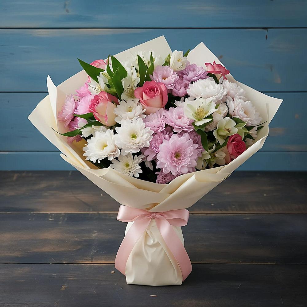 Букет цветов из: Хризантемы, Альстромерии и Розы в Жуковский